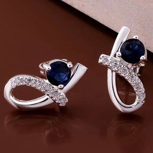 Small & Cute Sapphire and Loop Stud Earrings, 925 Sterling Silver